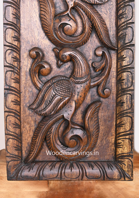 Wooden Standing Peacock on Tree Wooden Wax Brown Vertical Paired Hooks Fixed Wall Panel 36"