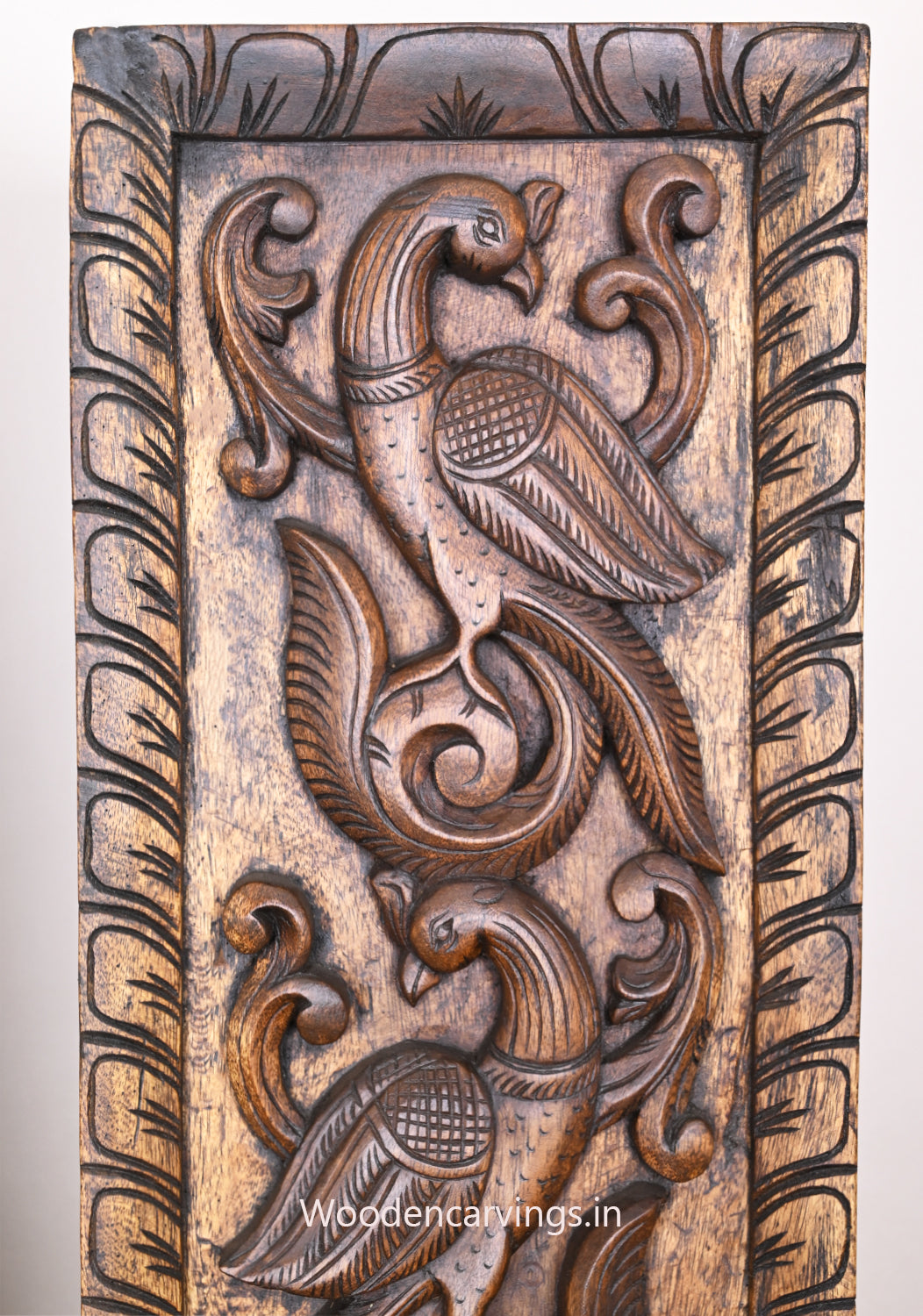 Wooden Standing Peacock on Tree Wooden Wax Brown Vertical Paired Hooks Fixed Wall Panel 36"