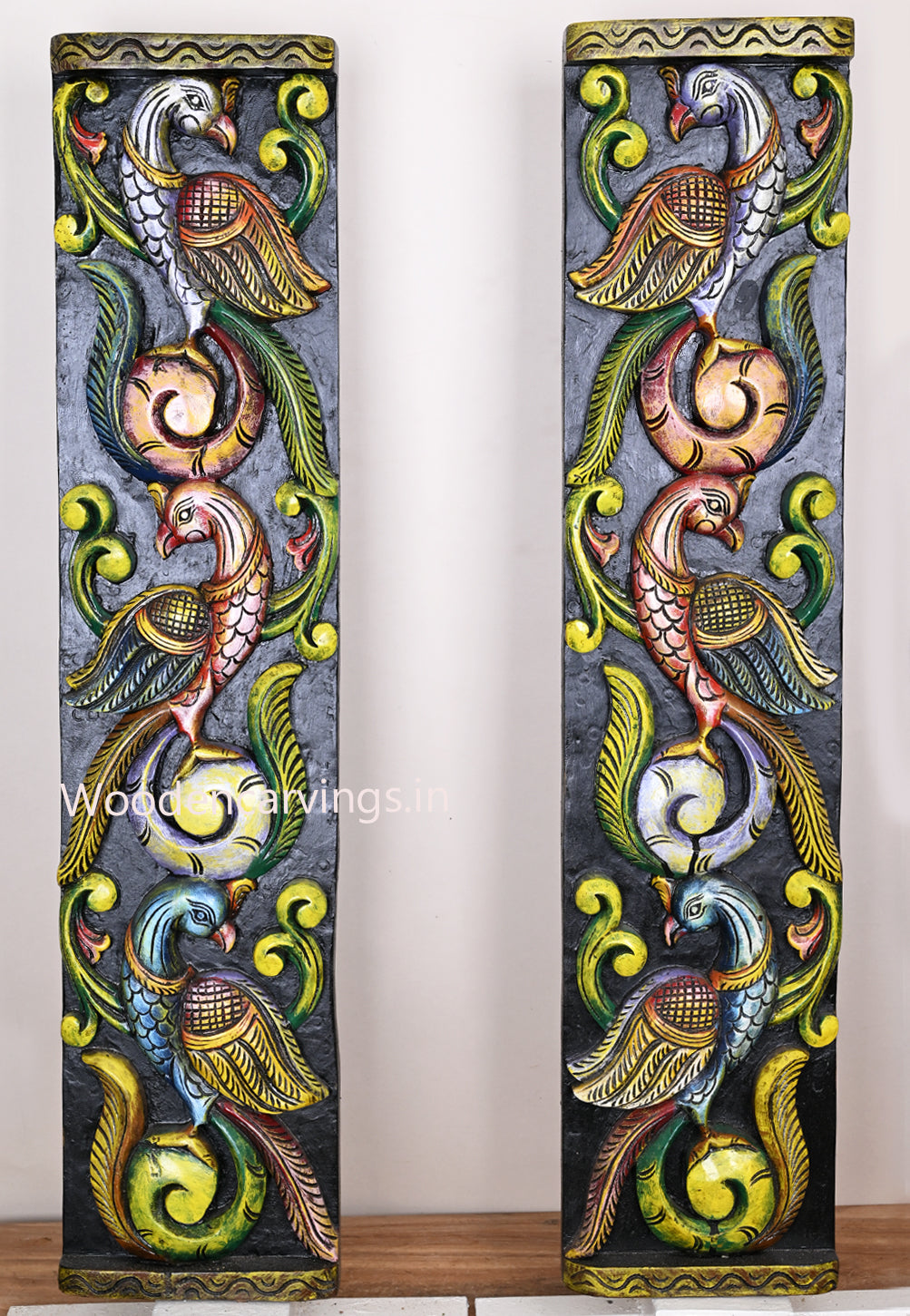 Standing Colourful Peacock on Tree Wooden Home and Enrance Decor Vertical Hooks Fixed Wall Panel 36"