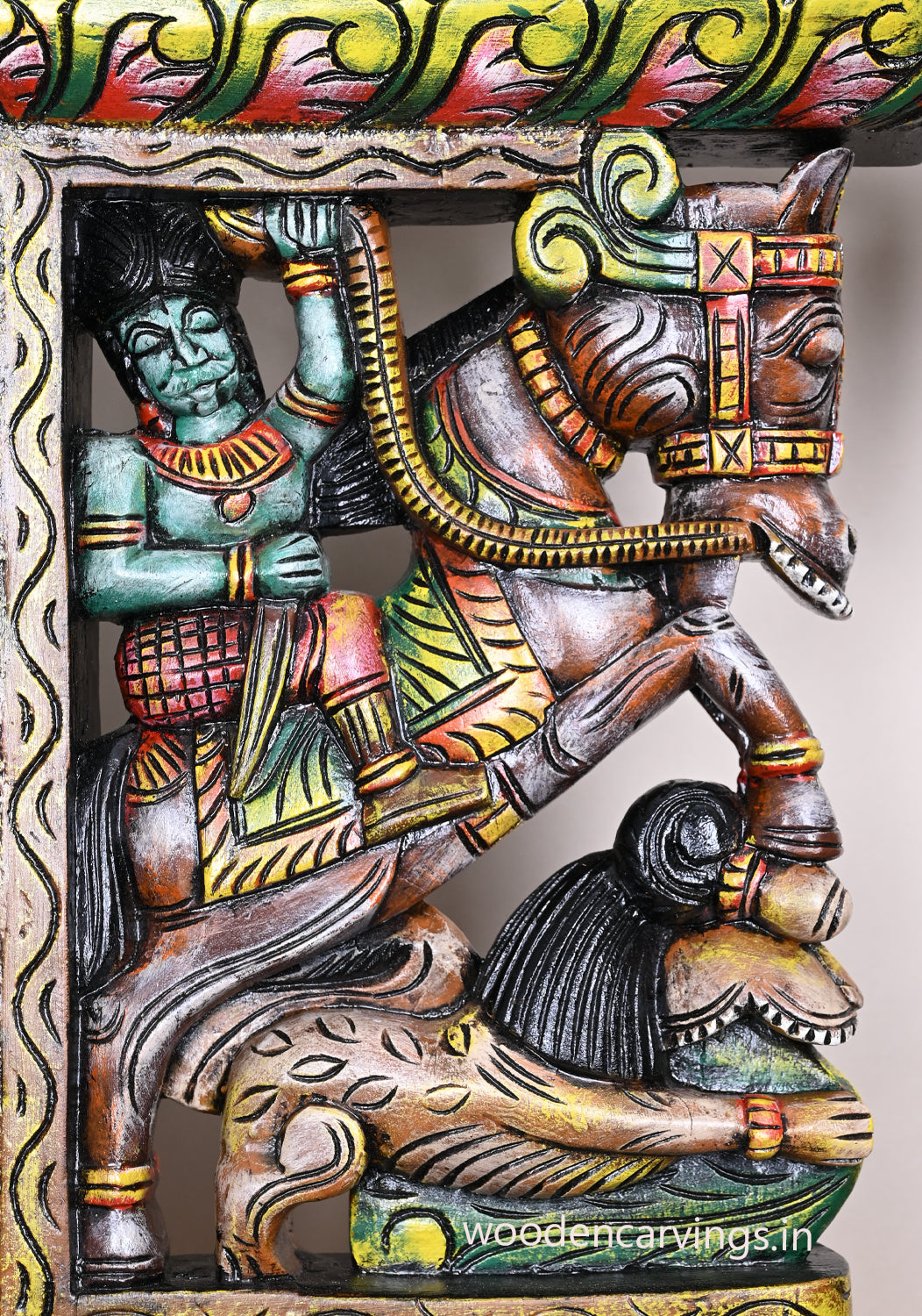 Colourful Wooden Handmade Man Riding on Horse Upraised Legs With Paired Yaazhi Hooks Fixed Brackets 24"