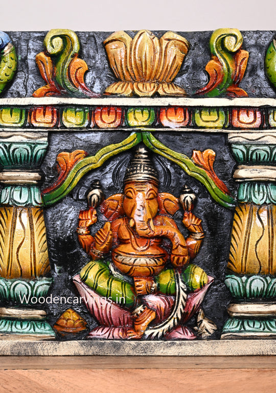 Wooden Pillar Design Square Shaped Ganesha, Lakshmi, Saraswathi Horizontal Multicoloured Wooden Wall Panel 36"