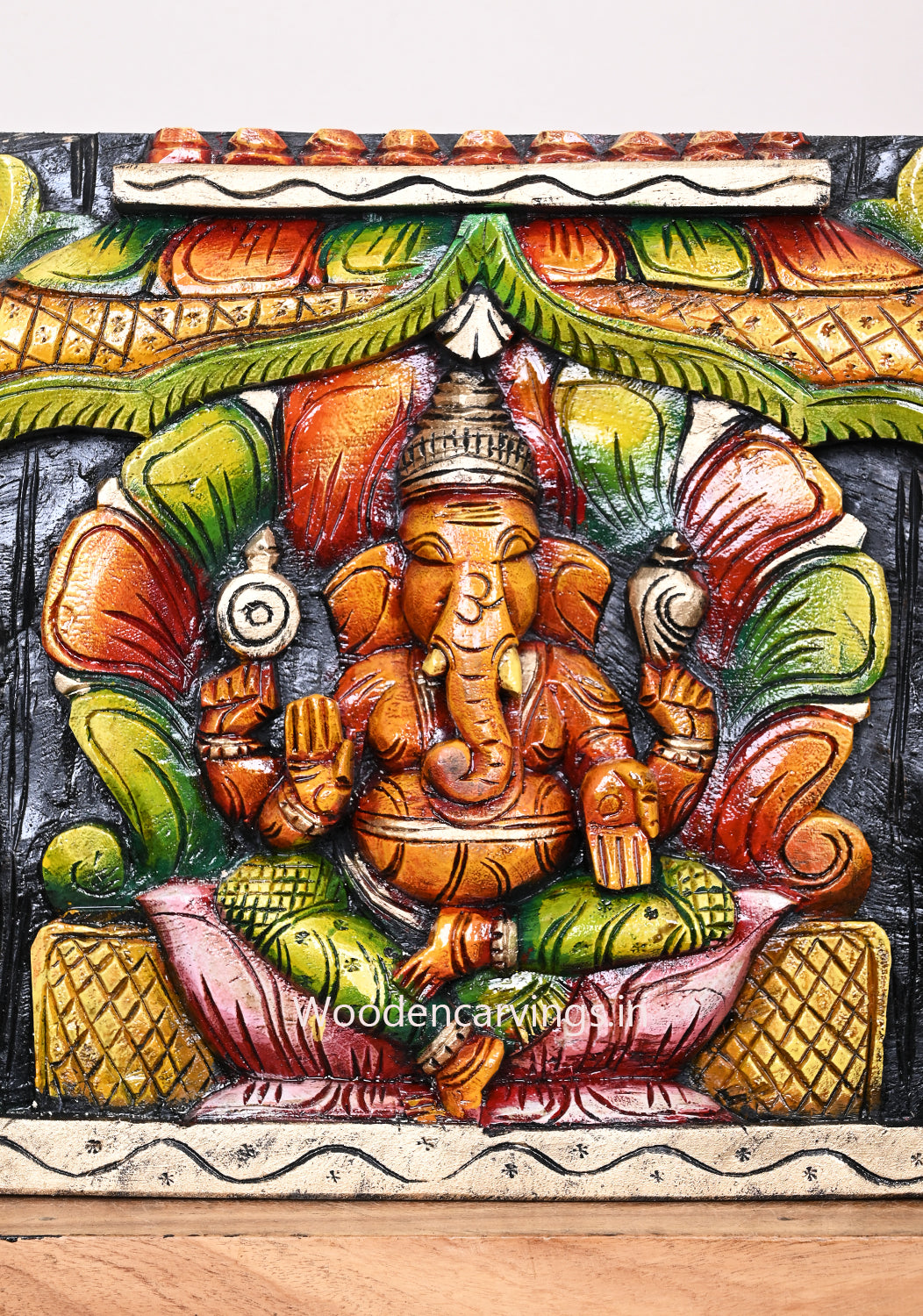 Wooden Petal Design Decorative Ganesh, Lakshmi, Saraswathi With Blue Elephants Multicoloured Wooden Wall Panel 36"