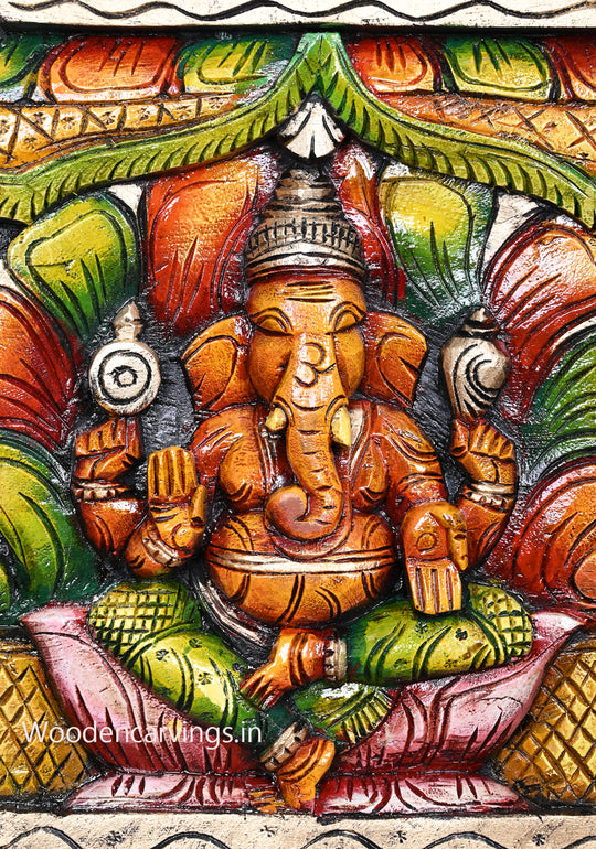 Wooden Petal Design Decorative Ganesh, Lakshmi, Saraswathi With Blue Elephants Multicoloured Wooden Wall Panel 36"