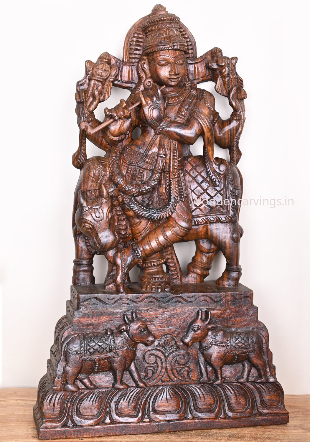 Wooden Lord Krishna Playing With Bansuri Flute Standing With Animal Cow Wax Brown Finishing Sculpture 34"