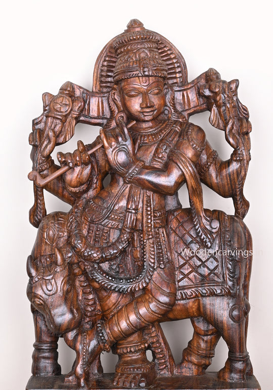 Wooden Lord Krishna Playing With Bansuri Flute Standing With Animal Cow Wax Brown Finishing Sculpture 34"