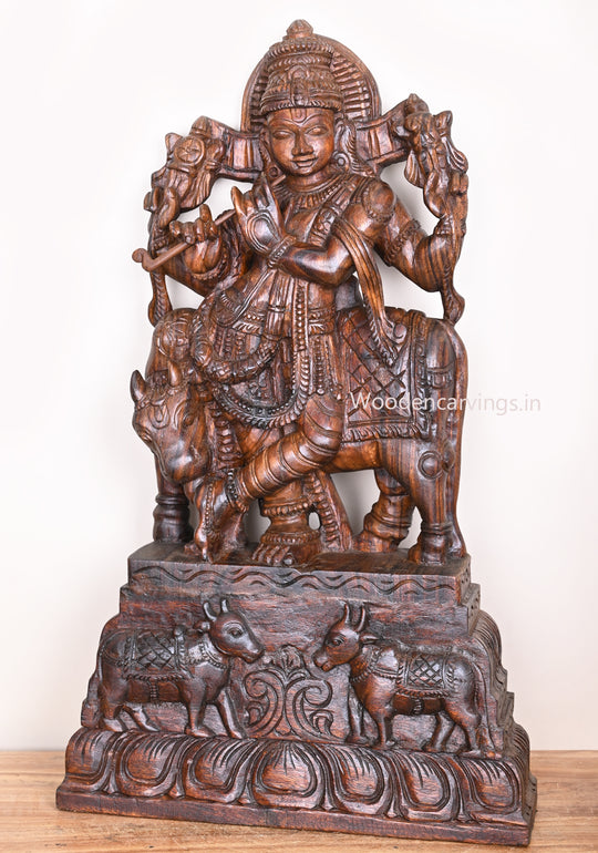 Wooden Lord Krishna Playing With Bansuri Flute Standing With Animal Cow Wax Brown Finishing Sculpture 34"