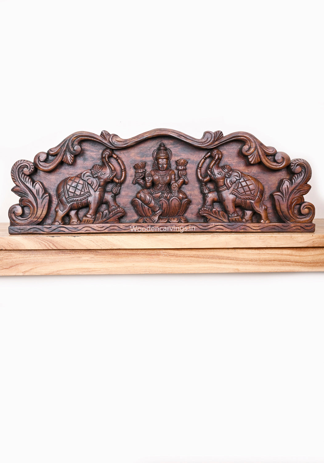 Wooden Gaja Lakshmi Simple and Beautiful Floral Design Wax Brown Horizontal Hooks Fixed Wall Panel 30"