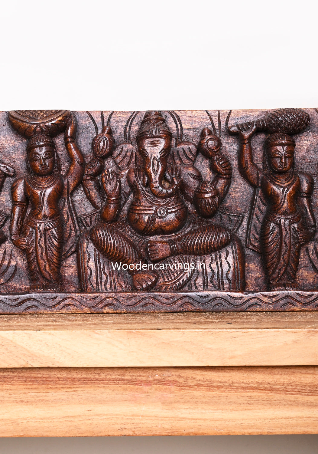 Horizontal Lord Ganesh With Goddess Lakshmi and Saraswathi Hamsa Sevagars Wooden Wax Brown Wall Panel 36"