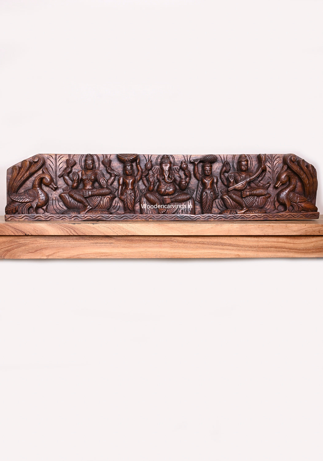 Horizontal Lord Ganesh With Goddess Lakshmi and Saraswathi Hamsa Sevagars Wooden Wax Brown Wall Panel 36"