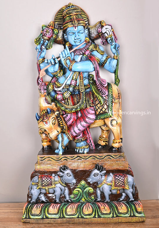 Protector of Animal Cow Lord Murthi Krishna Decor For Your Pooja Room Wooden Handmade Multicoloured Sculpture 36"