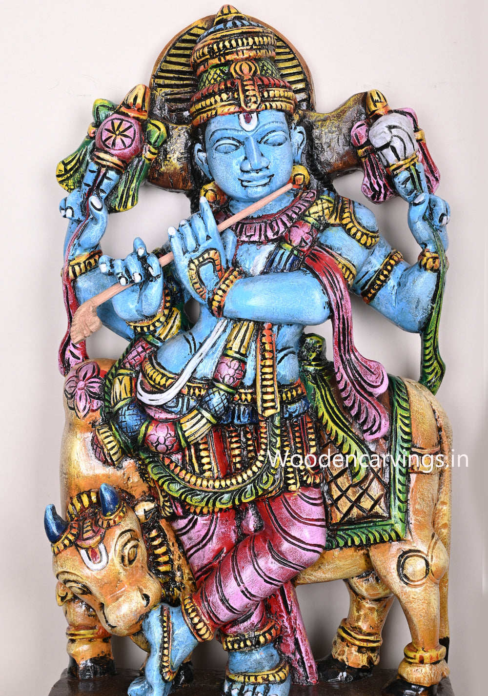 Protector of Animal Cow Lord Murthi Krishna Decor For Your Pooja Room Wooden Handmade Multicoloured Sculpture 36"