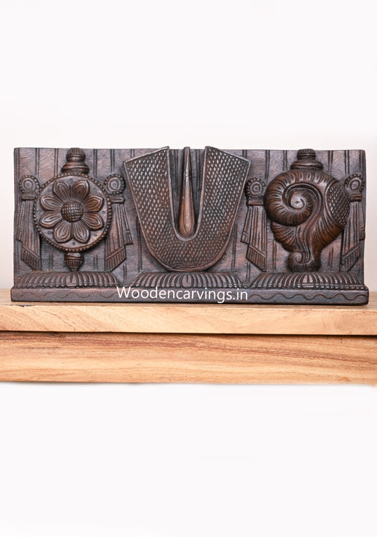 Wooden Lord Vishnu Thirunamam With His Powerful Ayuthas Chanku and Chakra Horizontal Wax Brown Wall Panel 18"