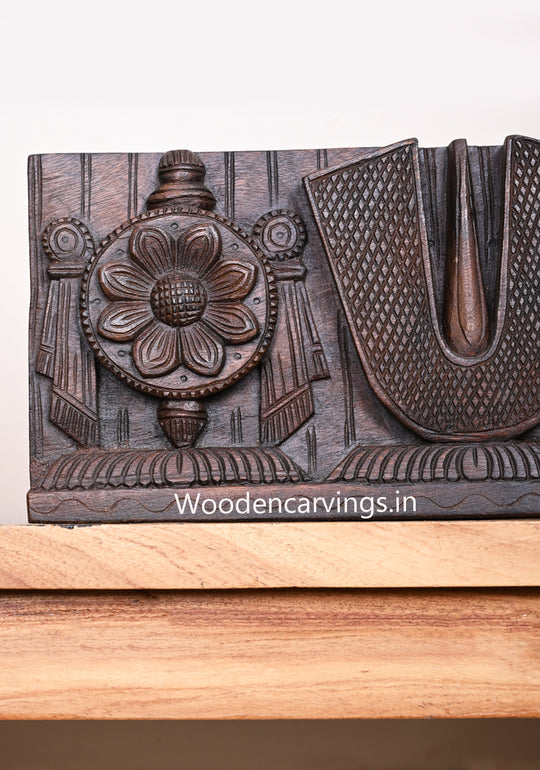 Wooden Lord Vishnu Thirunamam With His Powerful Ayuthas Chanku and Chakra Horizontal Wax Brown Wall Panel 18"