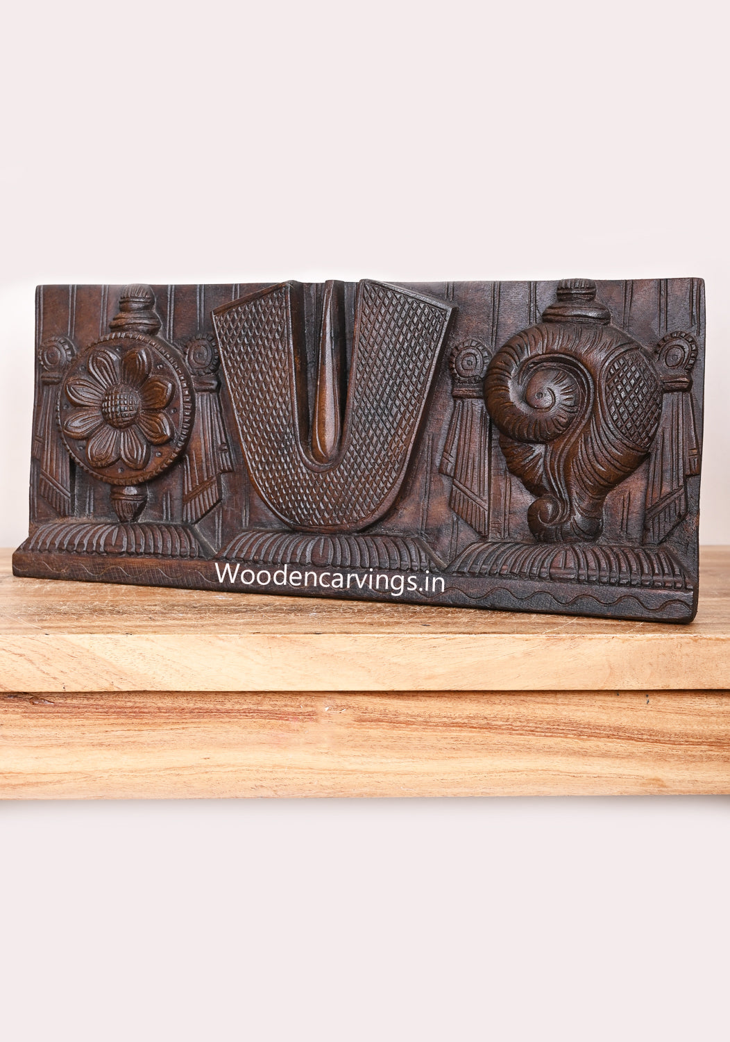 Wooden Lord Vishnu Thirunamam With His Powerful Ayuthas Chanku and Chakra Horizontal Wax Brown Wall Panel 18"