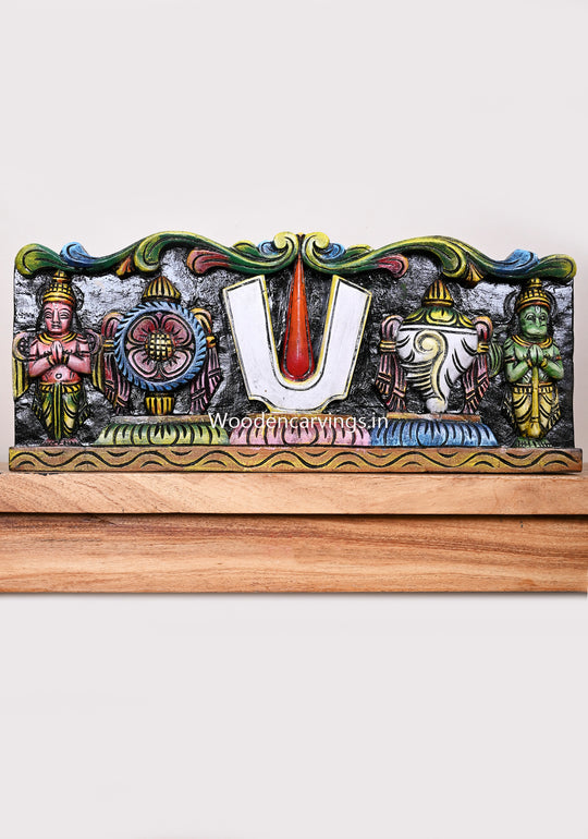 Coloured Chanku Nama Chakra With Green Hanuman and Garudar Horizontal Wooden Wall Panel 19"