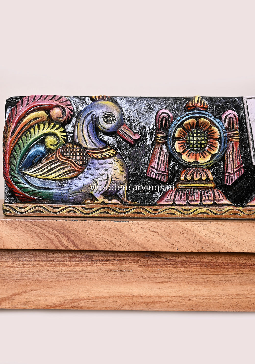 Wooden Hamsa Bird Designed Lord Balaji's Thirunamam and Conch and Chakra Horizontal Multicoloured Wall Panel 24"