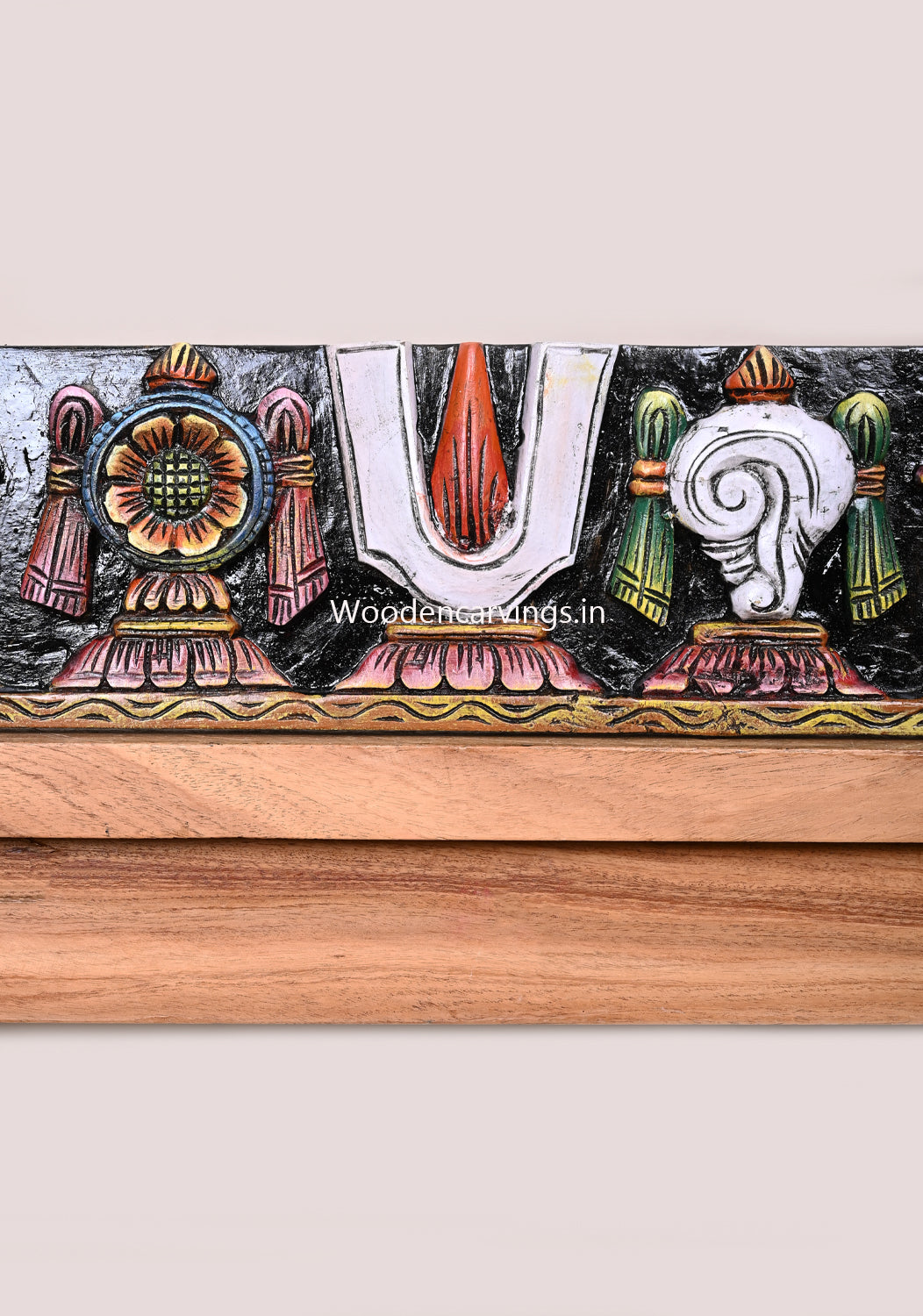 Wooden Hamsa Bird Designed Lord Balaji's Thirunamam and Conch and Chakra Horizontal Multicoloured Wall Panel 24"