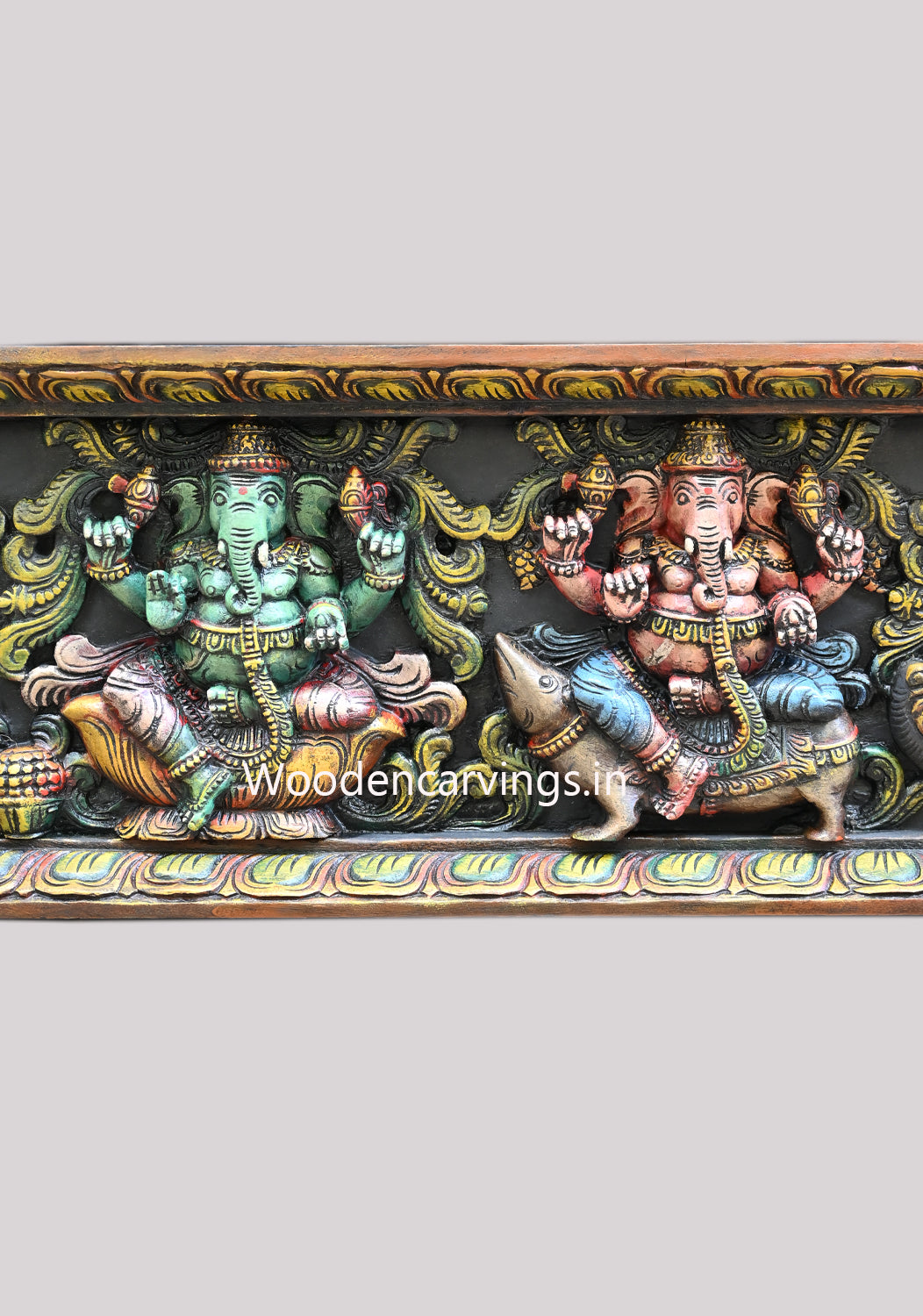 Wooden Colourful Horizontal Asta Ganesha Unique Forms Entrance and Pooja Room Decoration Horizontal Panel 73"