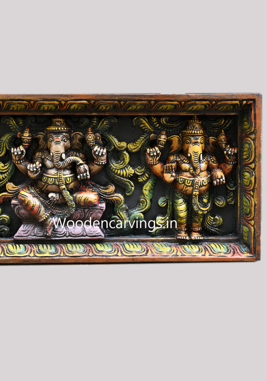 Wooden Colourful Horizontal Asta Ganesha Unique Forms Entrance and Pooja Room Decoration Horizontal Panel 73"