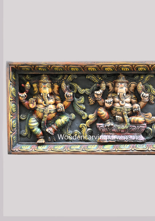 Wooden Colourful Horizontal Asta Ganesha Unique Forms Entrance and Pooja Room Decoration Horizontal Panel 73"