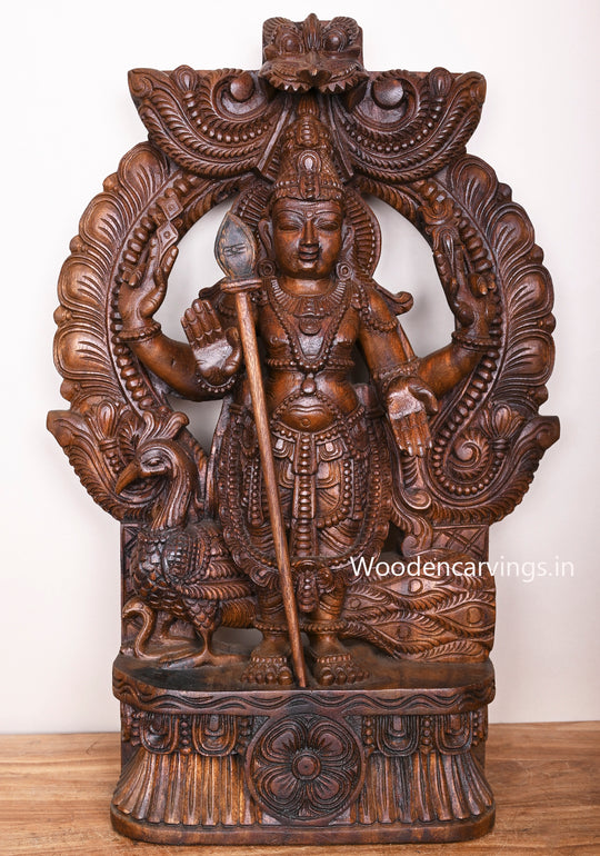 Arch Lord Four Arms Murugar Blessing Auspicious Wooden Sculpture With His Vahana Peacock 30"