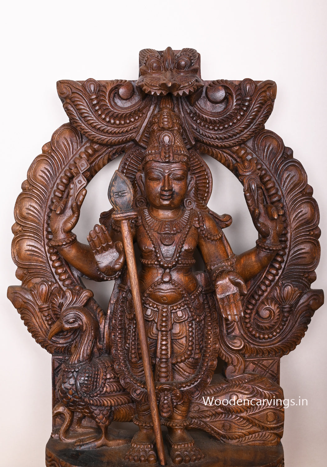 Arch Lord Four Arms Murugar Blessing Auspicious Wooden Sculpture With His Vahana Peacock 30"