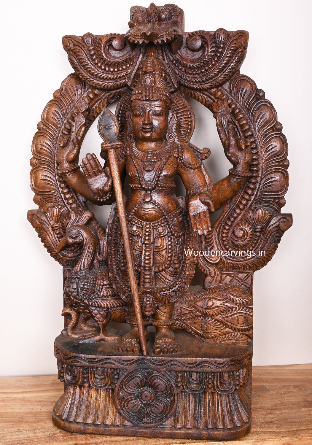 Arch Lord Four Arms Murugar Blessing Auspicious Wooden Sculpture With His Vahana Peacock 30"