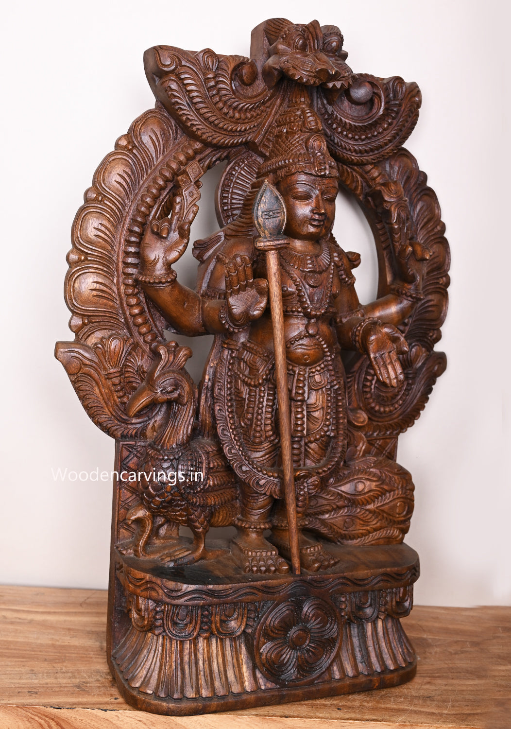 Arch Lord Four Arms Murugar Blessing Auspicious Wooden Sculpture With His Vahana Peacock 30"