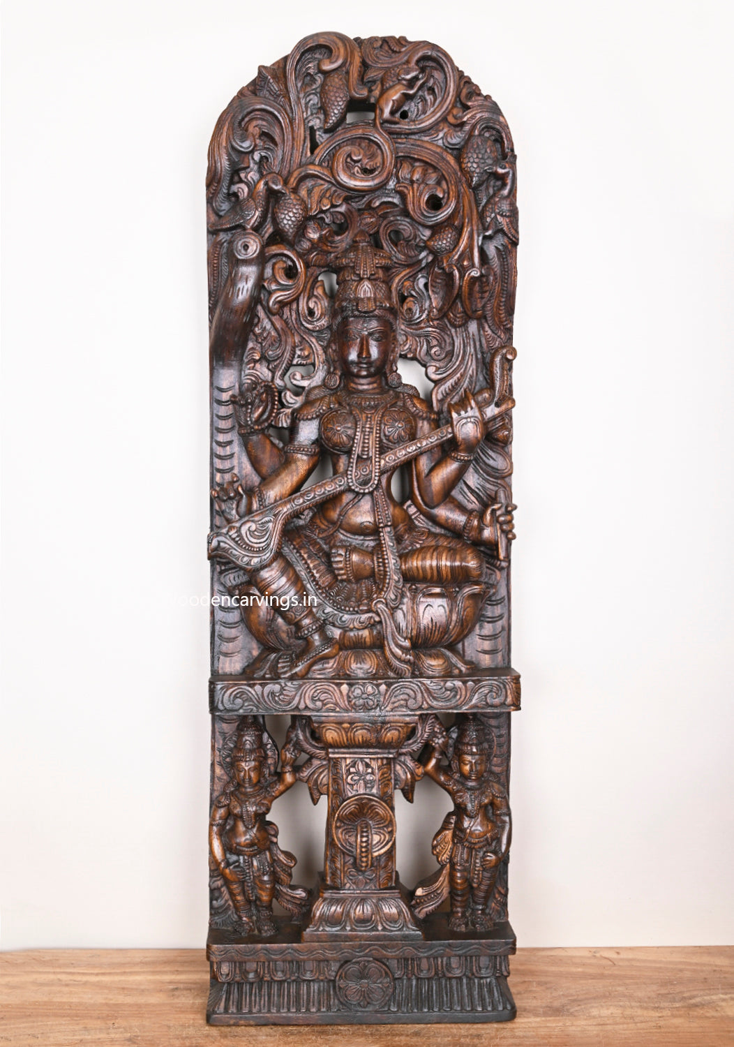 Detaily Carved Jali Work Of Goddess Saraswathi With Large Veena Decorative Home Decor Wall Mount 48"