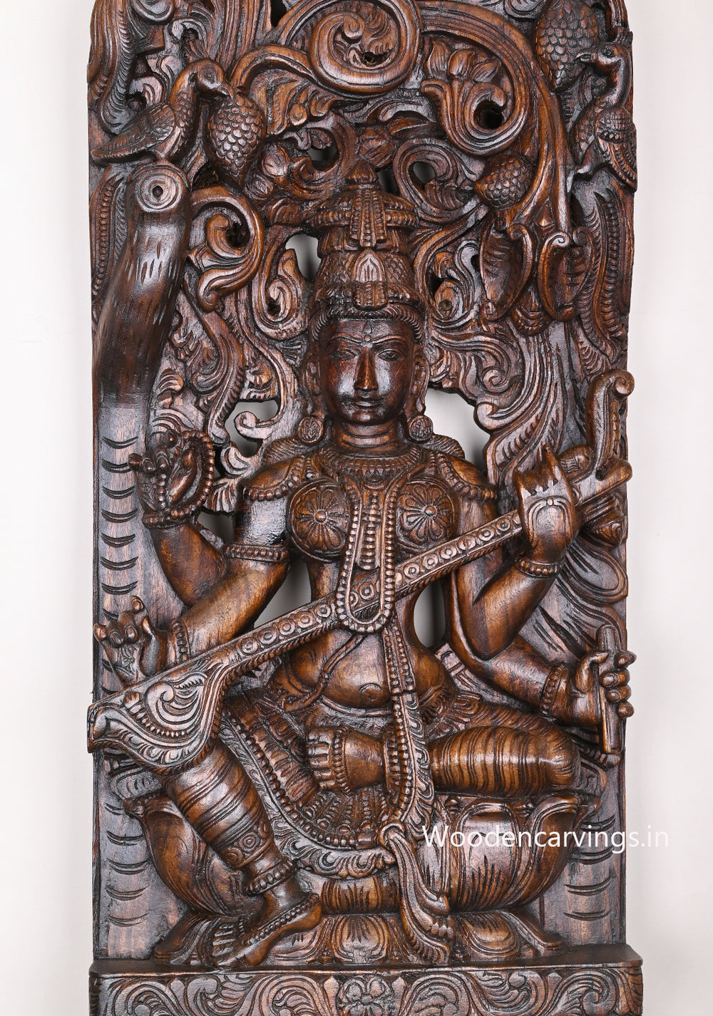 Detaily Carved Jali Work Of Goddess Saraswathi With Large Veena Decorative Home Decor Wall Mount 48"