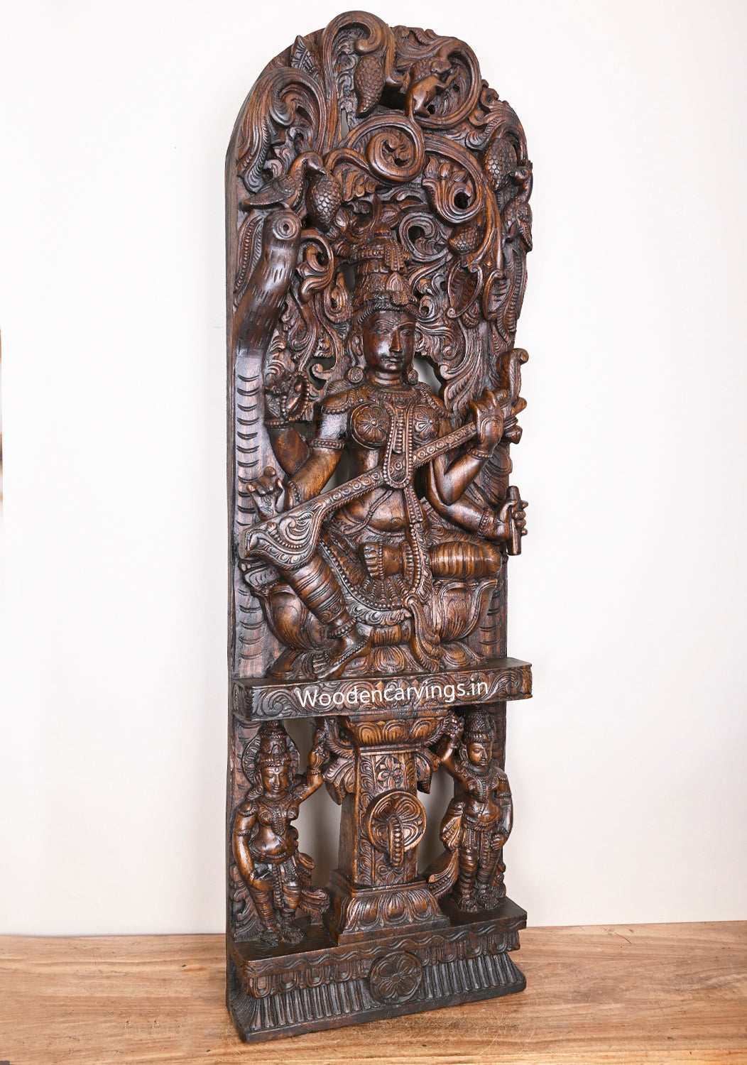 Detaily Carved Jali Work Of Goddess Saraswathi With Large Veena Decorative Home Decor Wall Mount 48"