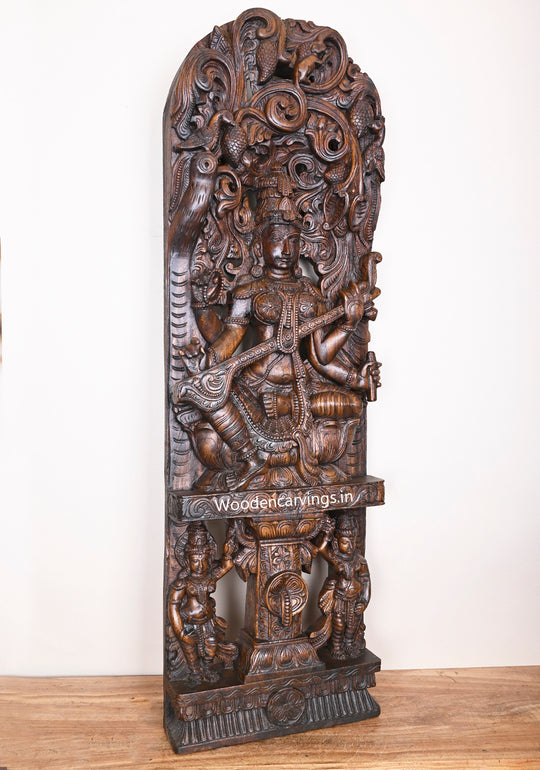 Detaily Carved Jali Work Of Goddess Saraswathi With Large Veena Decorative Home Decor Wall Mount 48"