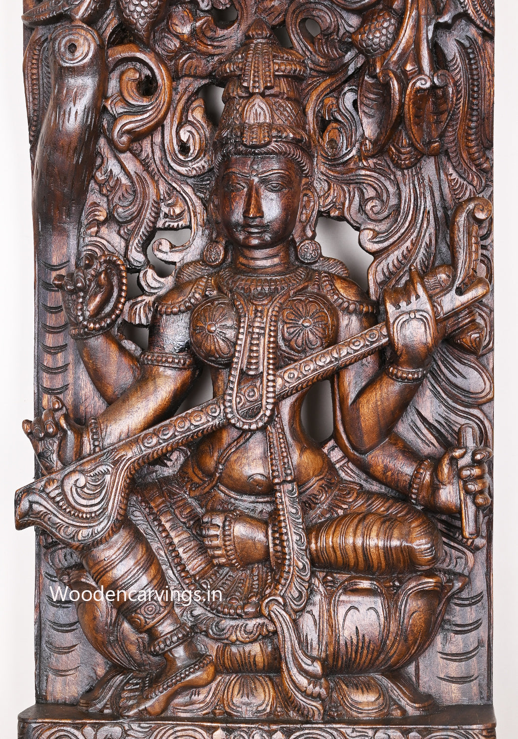 Detaily Carved Jali Work Of Goddess Saraswathi With Large Veena Decorative Home Decor Wall Mount 48"