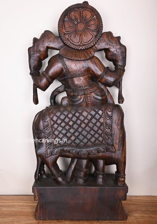 Wooden Govindha Krishna With His Favourite Animal Cow Relaxly Stand and Playing Flute Wooden Sculpture 48"