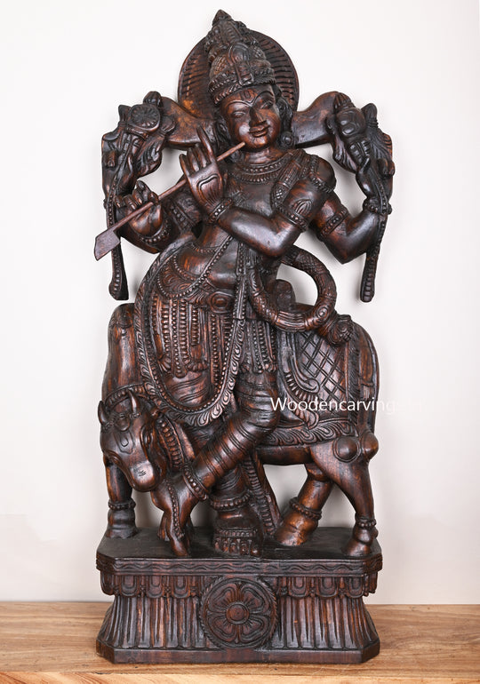 Wooden Govindha Krishna With His Favourite Animal Cow Relaxly Stand and Playing Flute Wooden Sculpture 48"