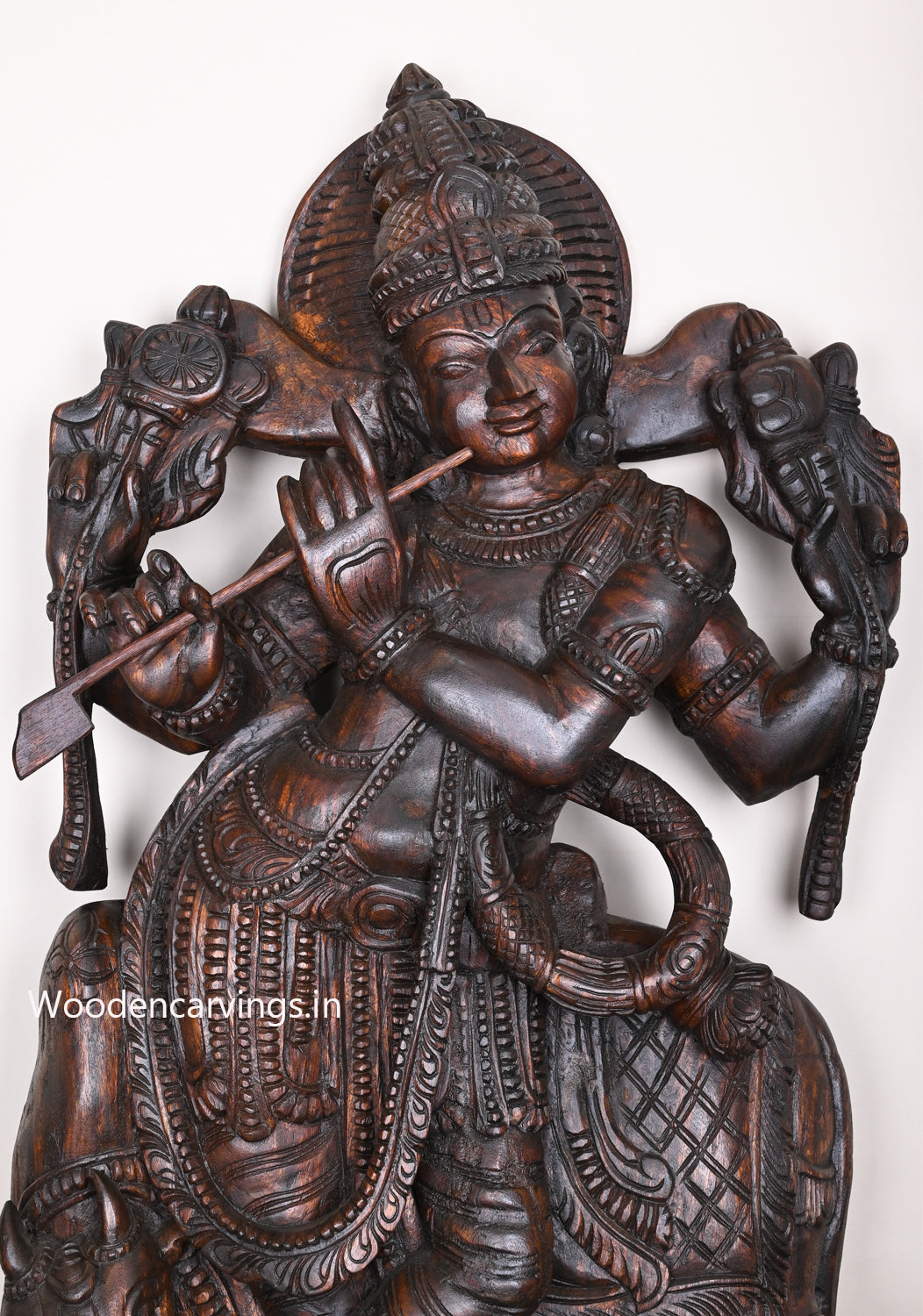 Wooden Govindha Krishna With His Favourite Animal Cow Relaxly Stand and Playing Flute Wooden Sculpture 48"