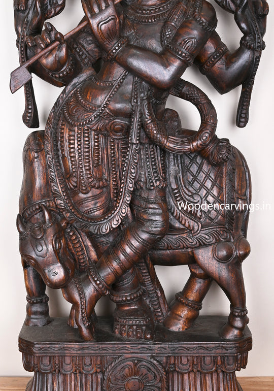 Wooden Govindha Krishna With His Favourite Animal Cow Relaxly Stand and Playing Flute Wooden Sculpture 48"