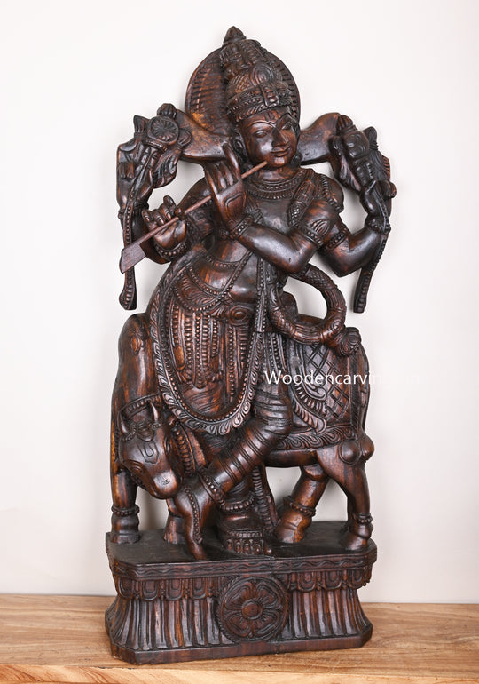 Wooden Govindha Krishna With His Favourite Animal Cow Relaxly Stand and Playing Flute Wooden Sculpture 48"