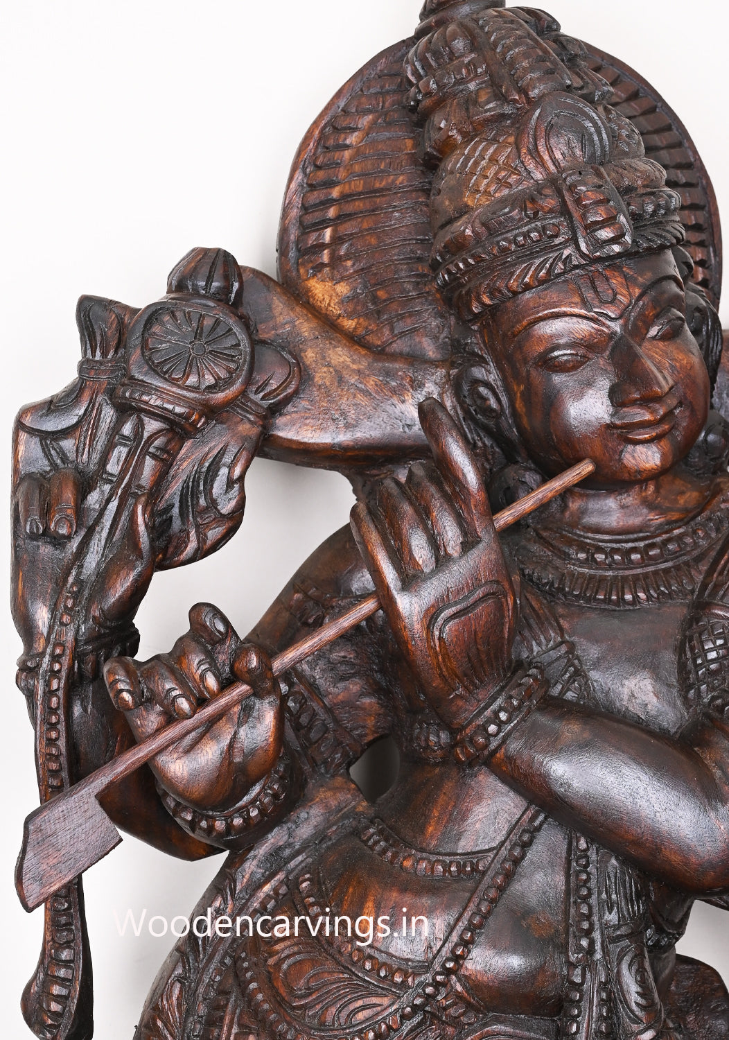 Wooden Govindha Krishna With His Favourite Animal Cow Relaxly Stand and Playing Flute Wooden Sculpture 48"