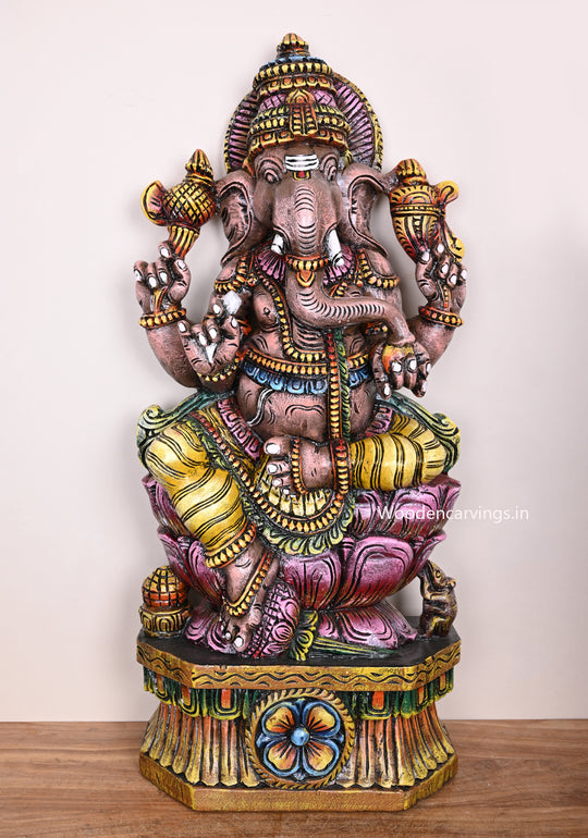 New Collection of Maha Ganapthy on Pink Lotus Wooden Handmade Multicoloured Work For Your Home Decorations 36"