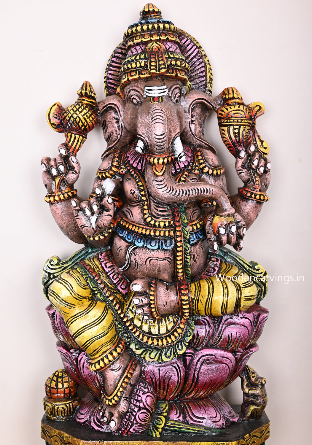 New Collection of Maha Ganapthy on Pink Lotus Wooden Handmade Multicoloured Work For Your Home Decorations 36"