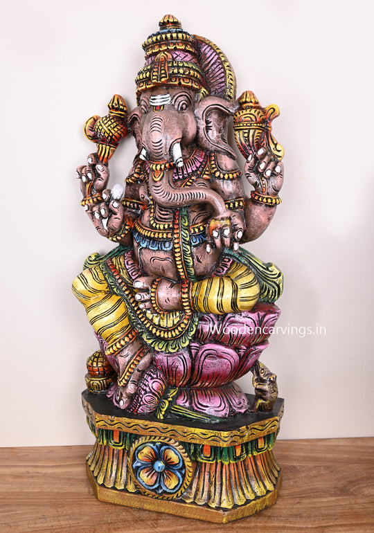 New Collection of Maha Ganapthy on Pink Lotus Wooden Handmade Multicoloured Work For Your Home Decorations 36"