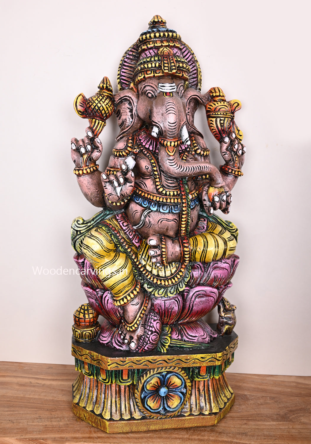 New Collection of Maha Ganapthy on Pink Lotus Wooden Handmade Multicoloured Work For Your Home Decorations 36"