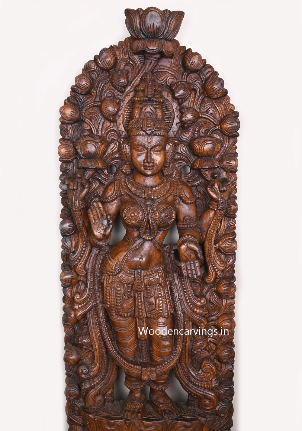 Outstanding Handmade Work of Goddess Maha Lakshmi Standing On Lotus and Blessing Wooden Jali Work Wall Mount 60"