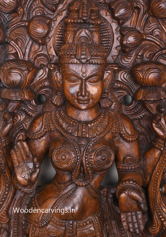 Outstanding Handmade Work of Goddess Maha Lakshmi Standing On Lotus and Blessing Wooden Jali Work Wall Mount 60"