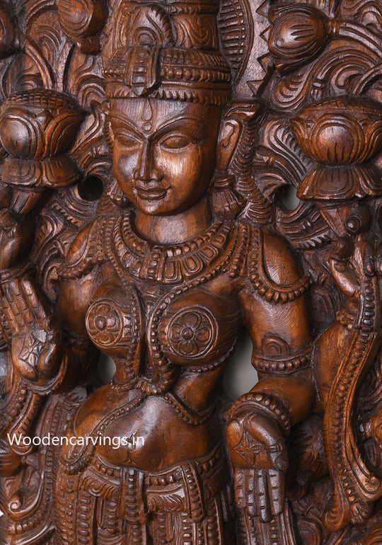 Outstanding Handmade Work of Goddess Maha Lakshmi Standing On Lotus and Blessing Wooden Jali Work Wall Mount 60"