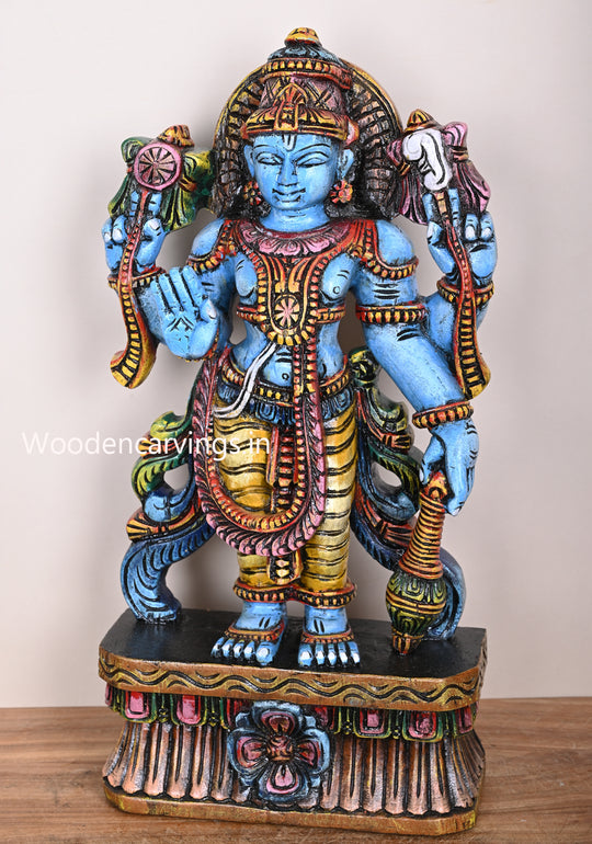 Standing Maha Vishnu Holding Gada Ayuth Four Arms Standing Wooden Coloured Sculpture 23"