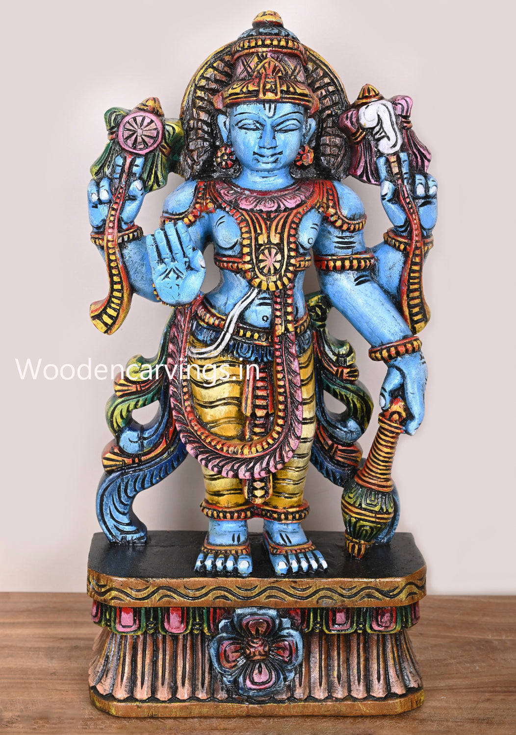 Standing Maha Vishnu Holding Gada Ayuth Four Arms Standing Wooden Coloured Sculpture 23"