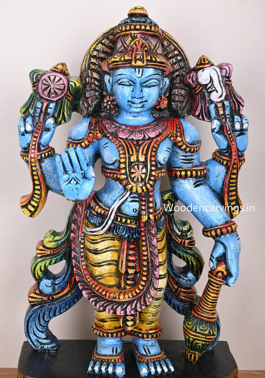 Standing Maha Vishnu Holding Gada Ayuth Four Arms Standing Wooden Coloured Sculpture 23"