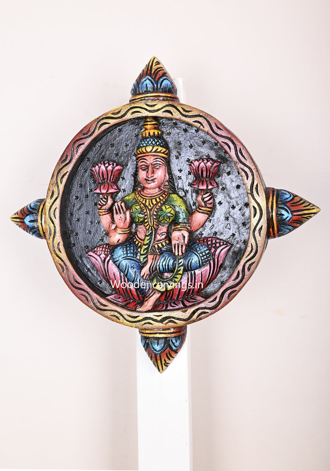 Round Petal Design Light Weight Multicoloured Goddess Lakshmi Handmade Wooden Wall Mount 17"